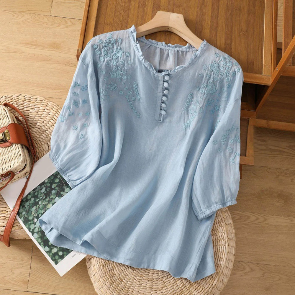 Effortless Floral White Shirt for Women with Relaxed Button Front Embroidered Detail Everyday Style