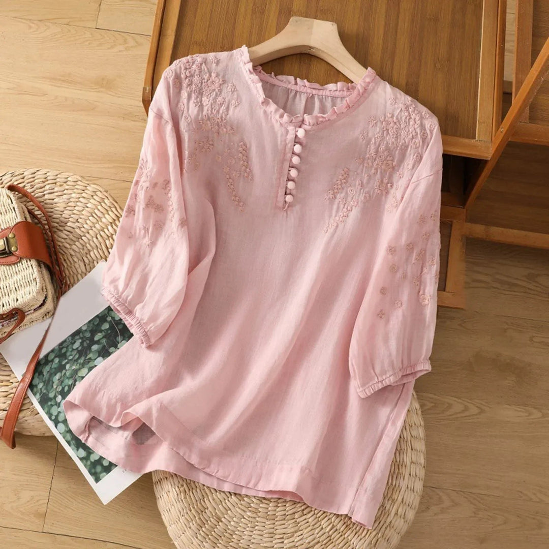Effortless Floral White Shirt for Women with Relaxed Button Front Embroidered Detail Everyday Style