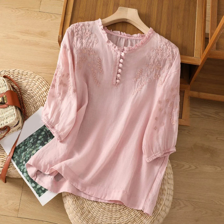 Effortless Floral White Shirt for Women with Relaxed Button Front Embroidered Detail Everyday Style