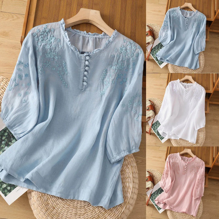 Effortless Floral White Shirt for Women with Relaxed Button Front Embroidered Detail Everyday Style
