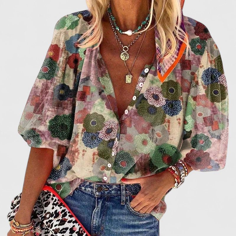 Effortless Green Floral Button Up Shirt for Women with Long Sleeve Casual Style