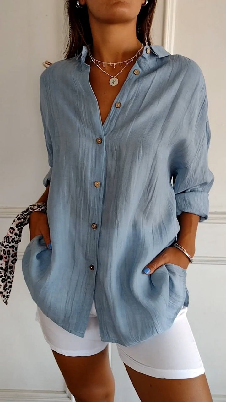 Effortless Linen White Button Down Shirt for Women with Collar Long Sleeve Relaxed Office Style