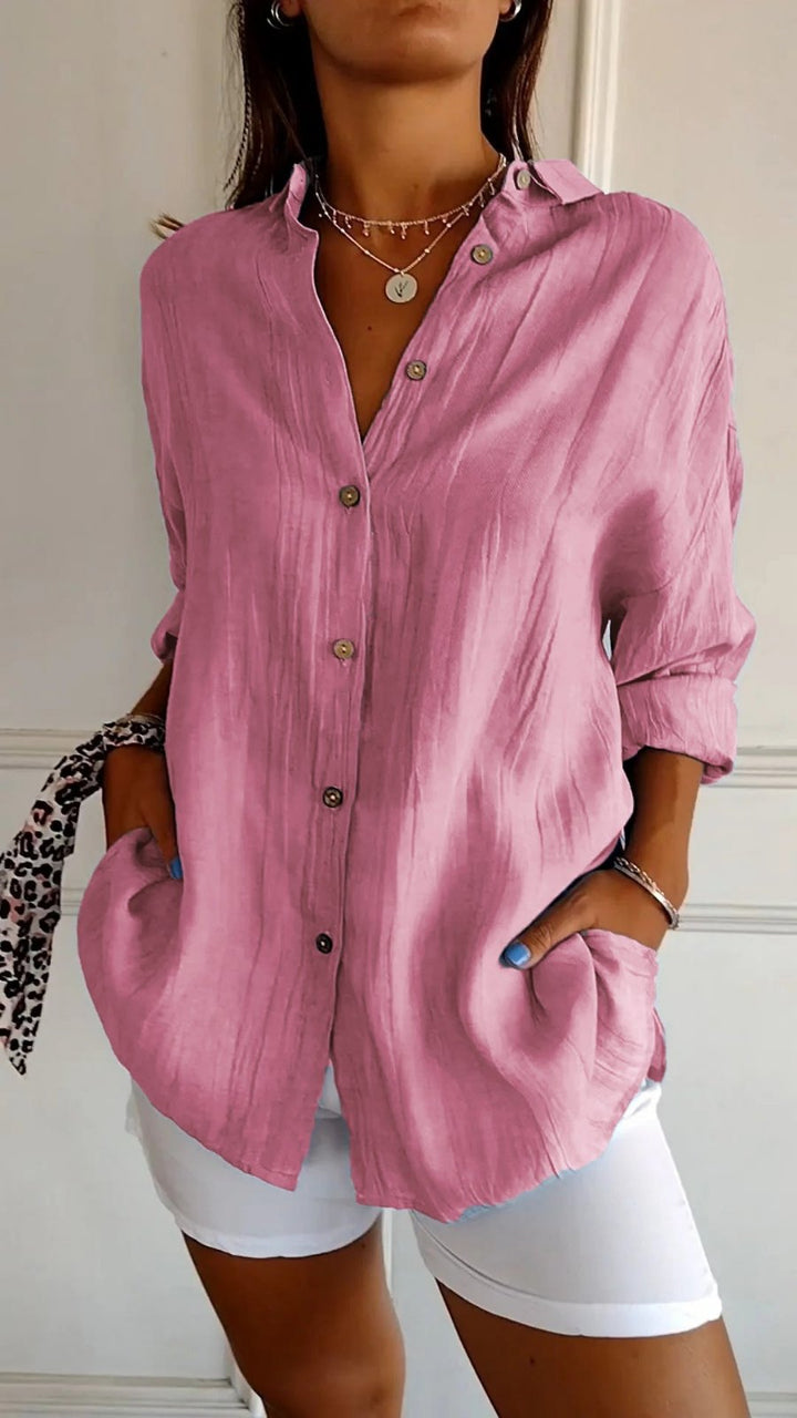 Effortless Linen White Button Down Shirt for Women with Collar Long Sleeve Relaxed Office Style