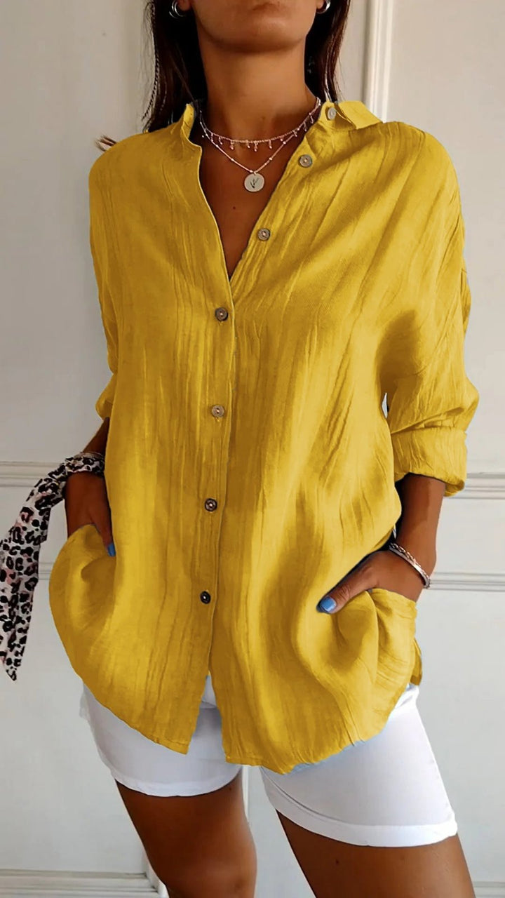 Effortless Linen White Button Down Shirt for Women with Collar Long Sleeve Relaxed Office Style