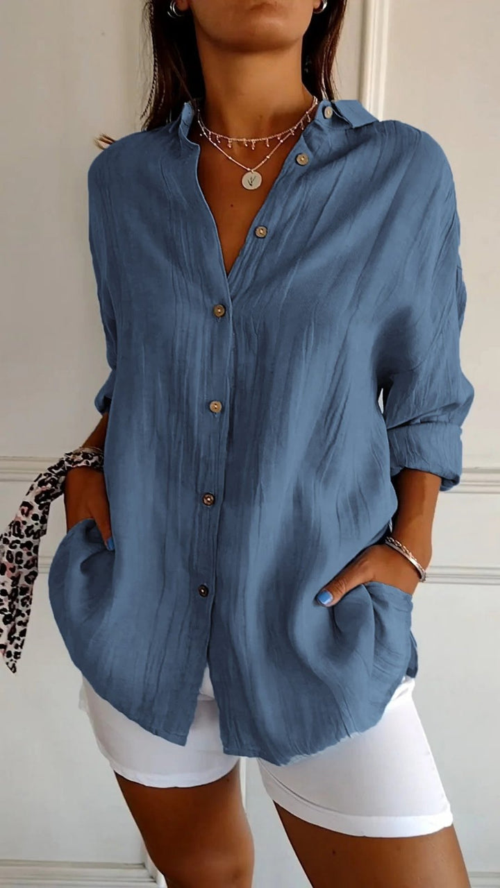 Effortless Linen White Button Down Shirt for Women with Collar Long Sleeve Relaxed Office Style