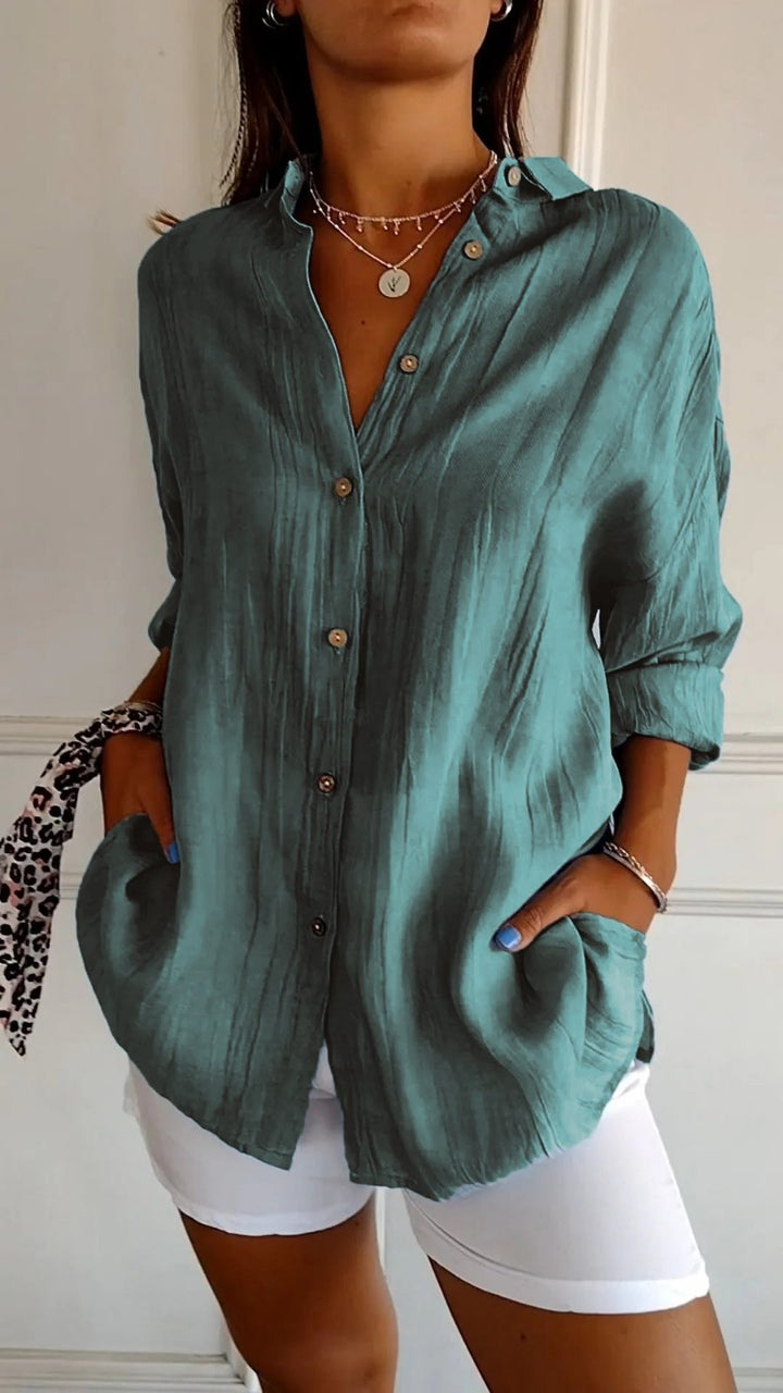 Effortless Linen White Button Down Shirt for Women with Collar Long Sleeve Relaxed Office Style
