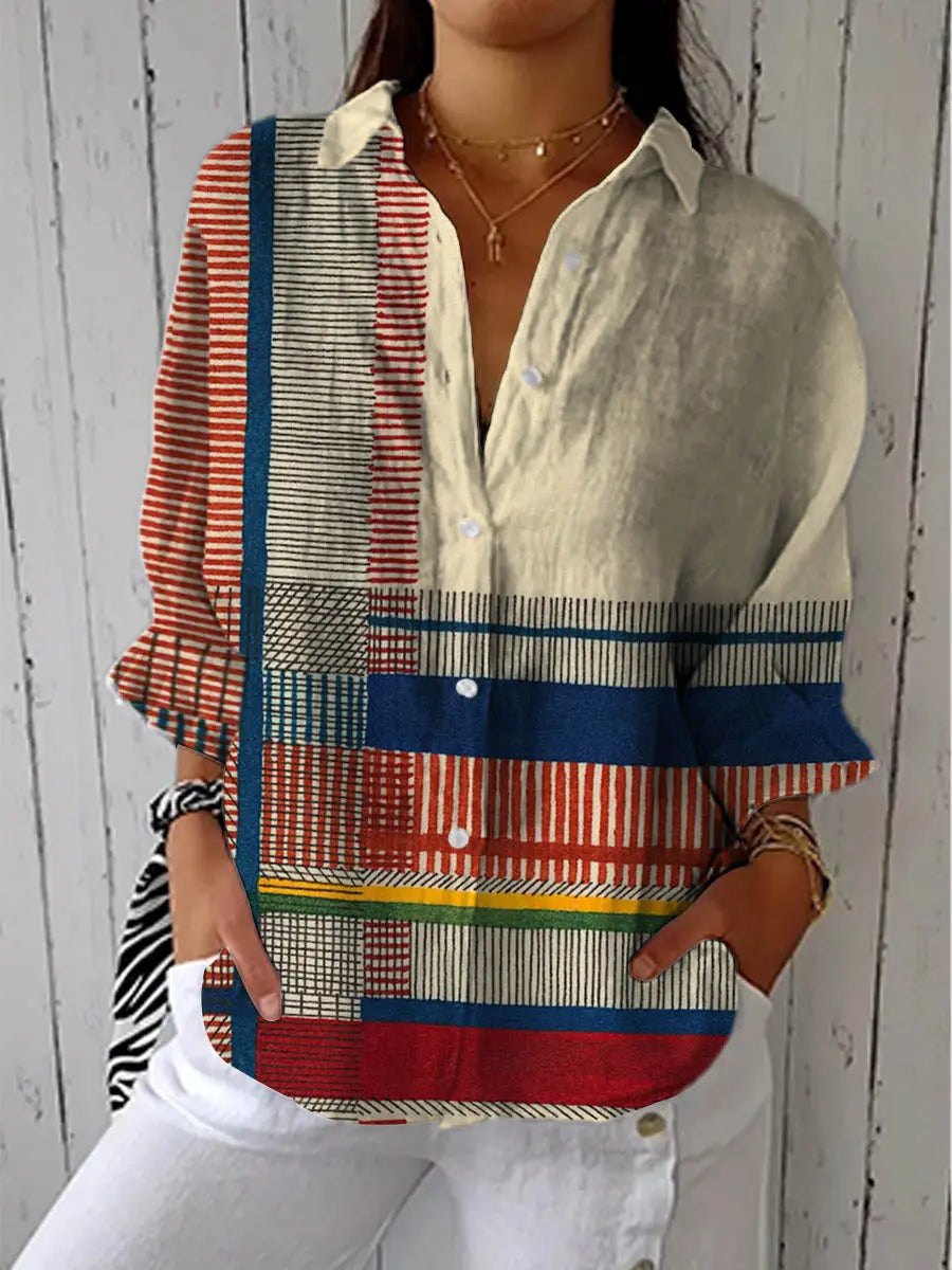 Effortless Multicolour Abstract Button Up Shirt for Women with V Neck Relaxed Casual Style