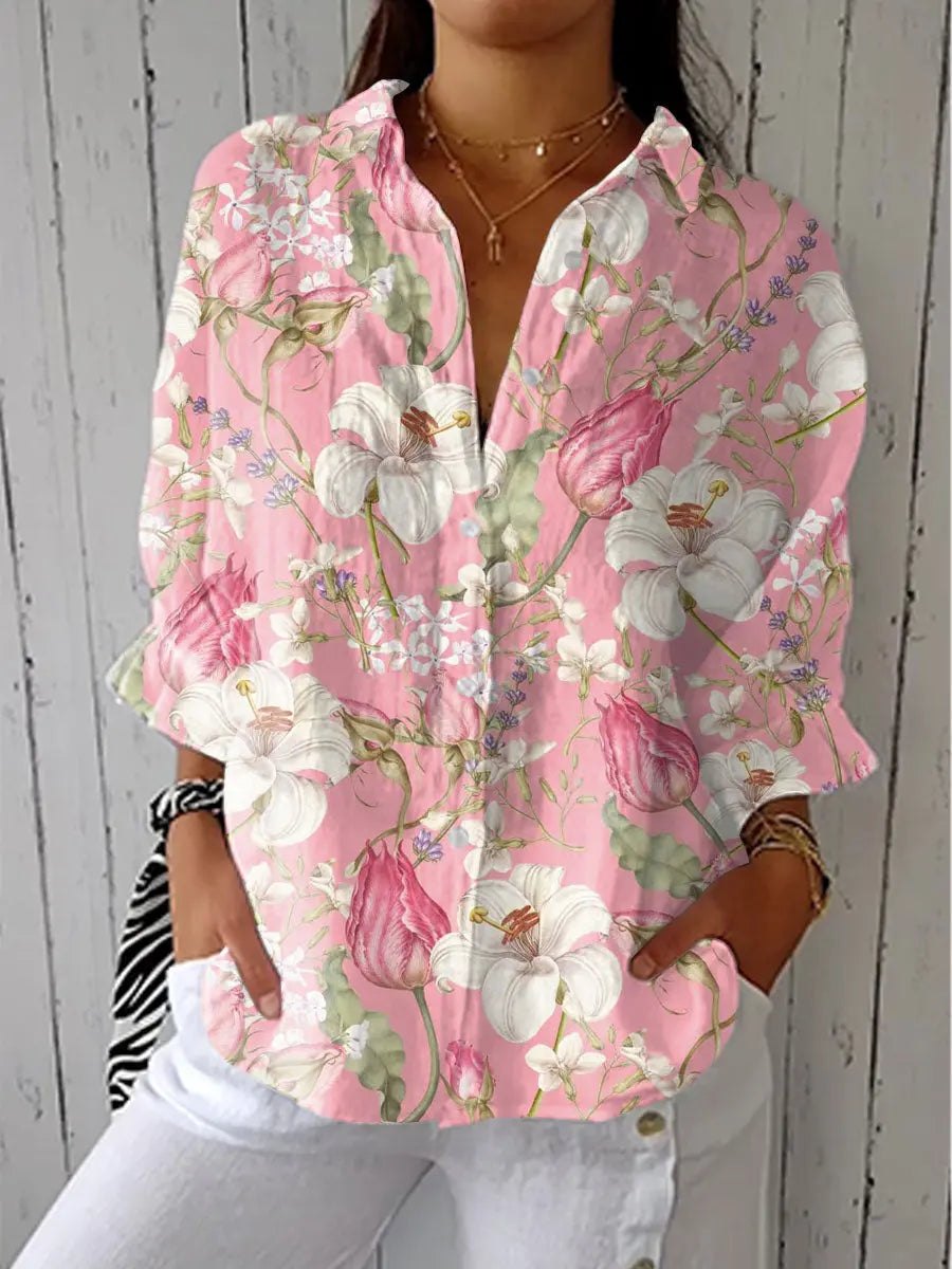 Effortless Multicolour Floral Button Up Shirt for Women with V Neck Relaxed Casual Style