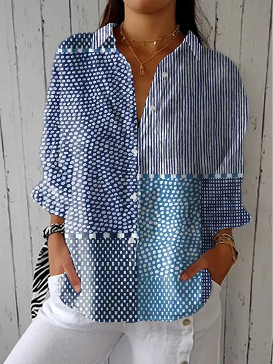 Effortless Multicolour Striped Button Up Shirt for Women with V Neck Relaxed Casual Style