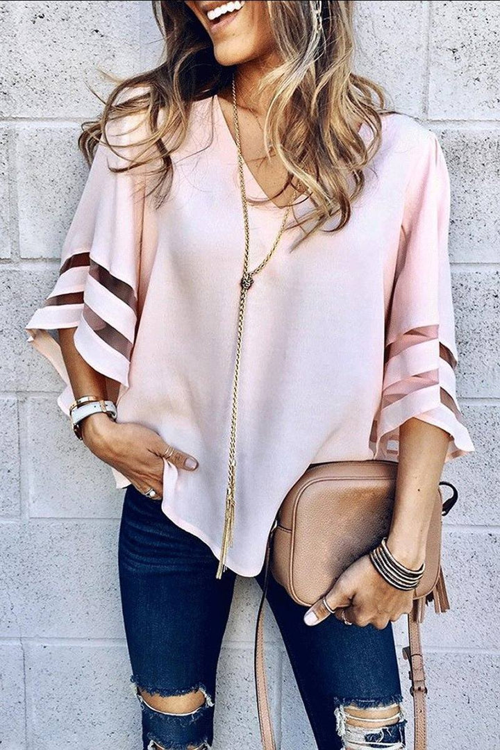 Effortless Striped Going Out Top for Women with V Neck Bell Sleeve Flared Evening Style