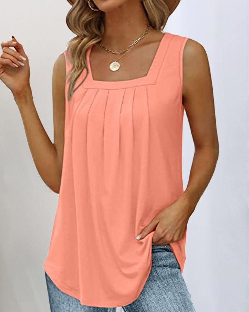 Effortless Tank Top for Women with Square Neck Sleeveless Pleated Layering Style