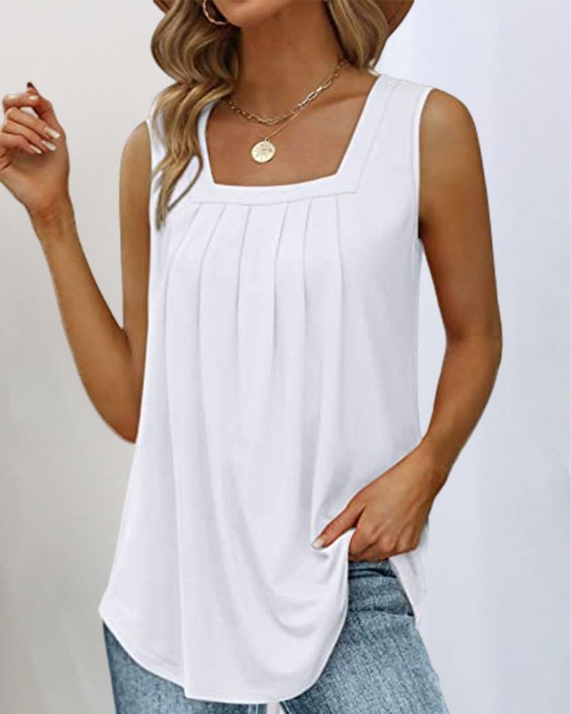 Effortless Tank Top for Women with Square Neck Sleeveless Pleated Layering Style