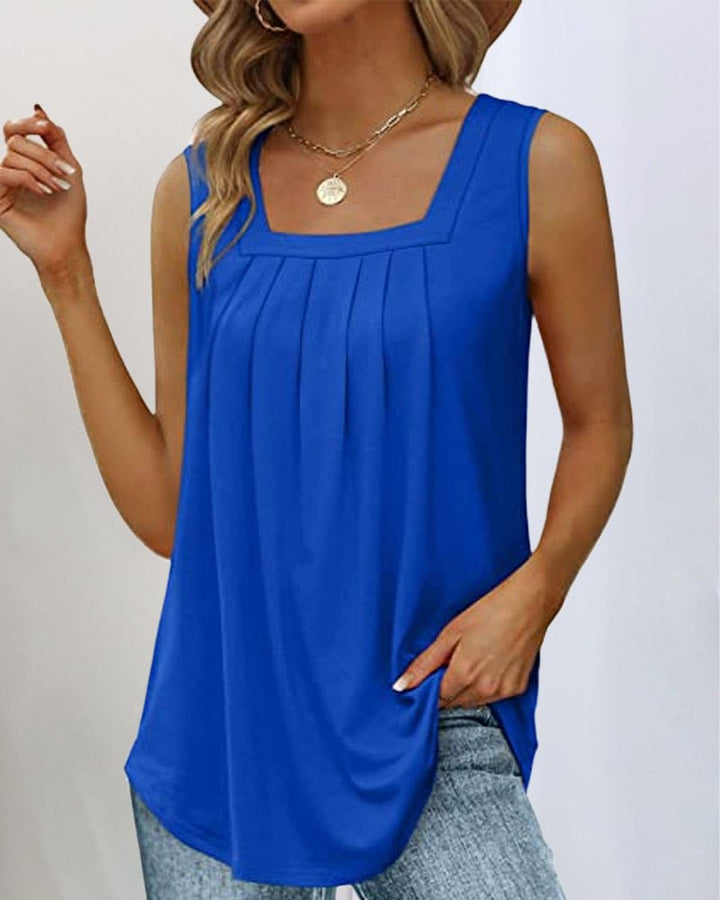 Effortless Tank Top for Women with Square Neck Sleeveless Pleated Layering Style