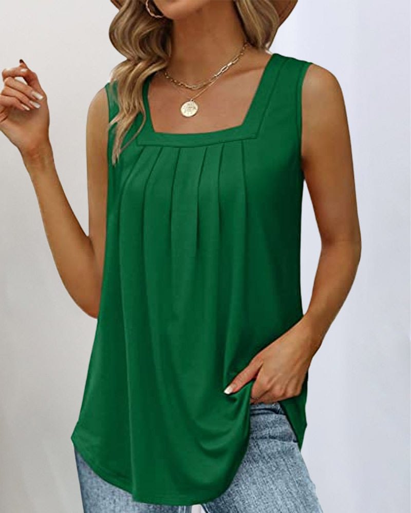 Effortless Tank Top for Women with Square Neck Sleeveless Pleated Layering Style