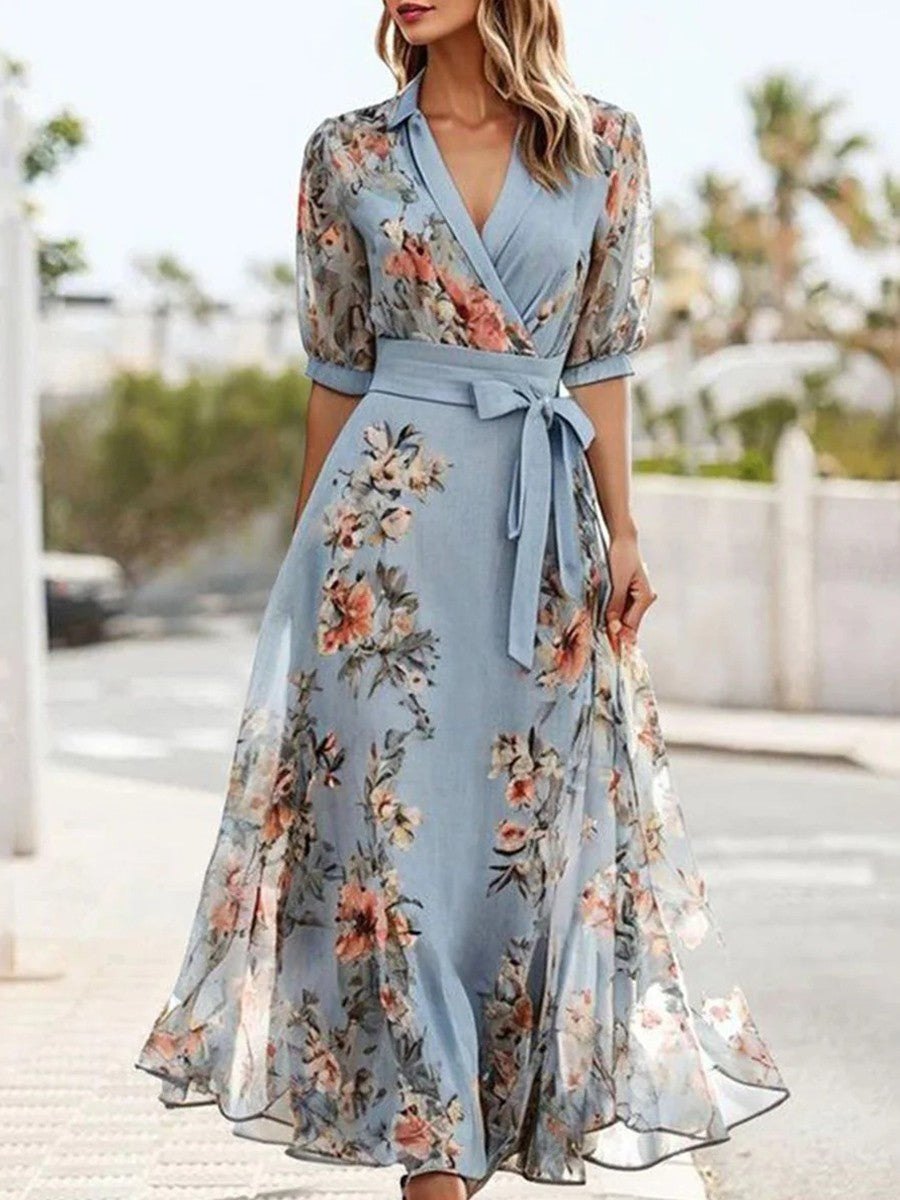 Elegant Blue Floral Mother of the Bride Dress for Women with V Neck Flared A Line Occasion Style