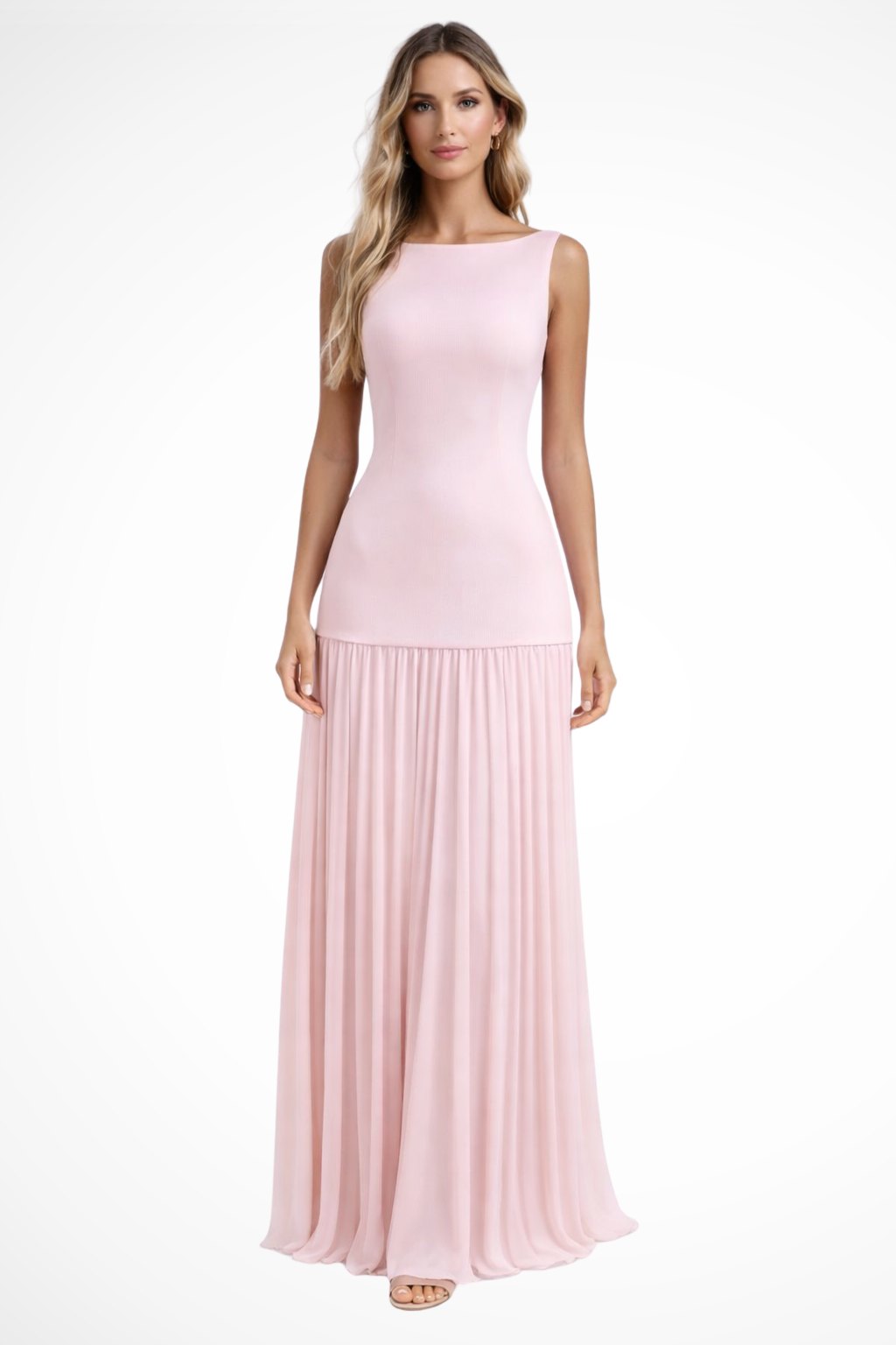 Elegant Chiffon A Line Dress for Women with Boat Neck Sleeveless Pleated Feminine Style