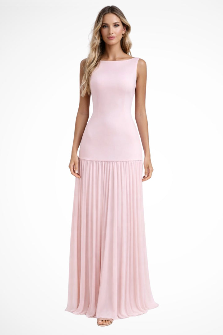 Elegant Chiffon A Line Dress for Women with Boat Neck Sleeveless Pleated Feminine Style