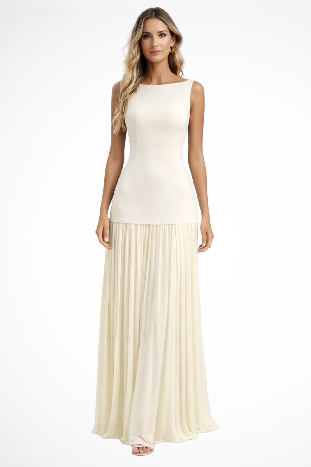 Elegant Chiffon A Line Dress for Women with Boat Neck Sleeveless Pleated Feminine Style
