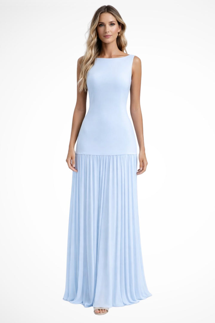 Elegant Chiffon A Line Dress for Women with Boat Neck Sleeveless Pleated Feminine Style