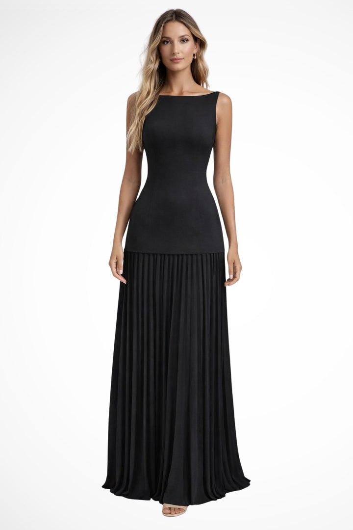 Elegant Chiffon A Line Dress for Women with Boat Neck Sleeveless Pleated Feminine Style