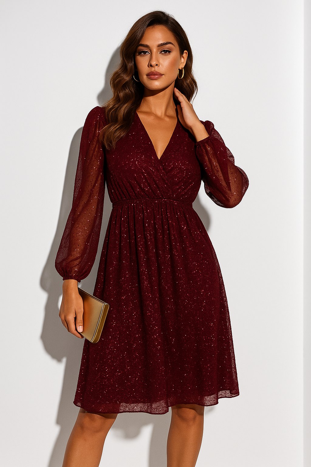 Elegant Fall Dress for Women with V Neck Puff Sleeve Flared Autumn Style