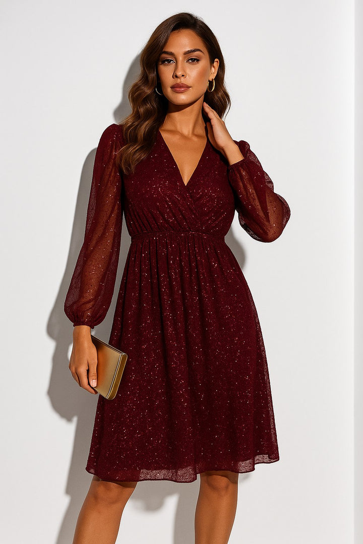 Elegant Fall Dress for Women with V Neck Puff Sleeve Flared Autumn Style