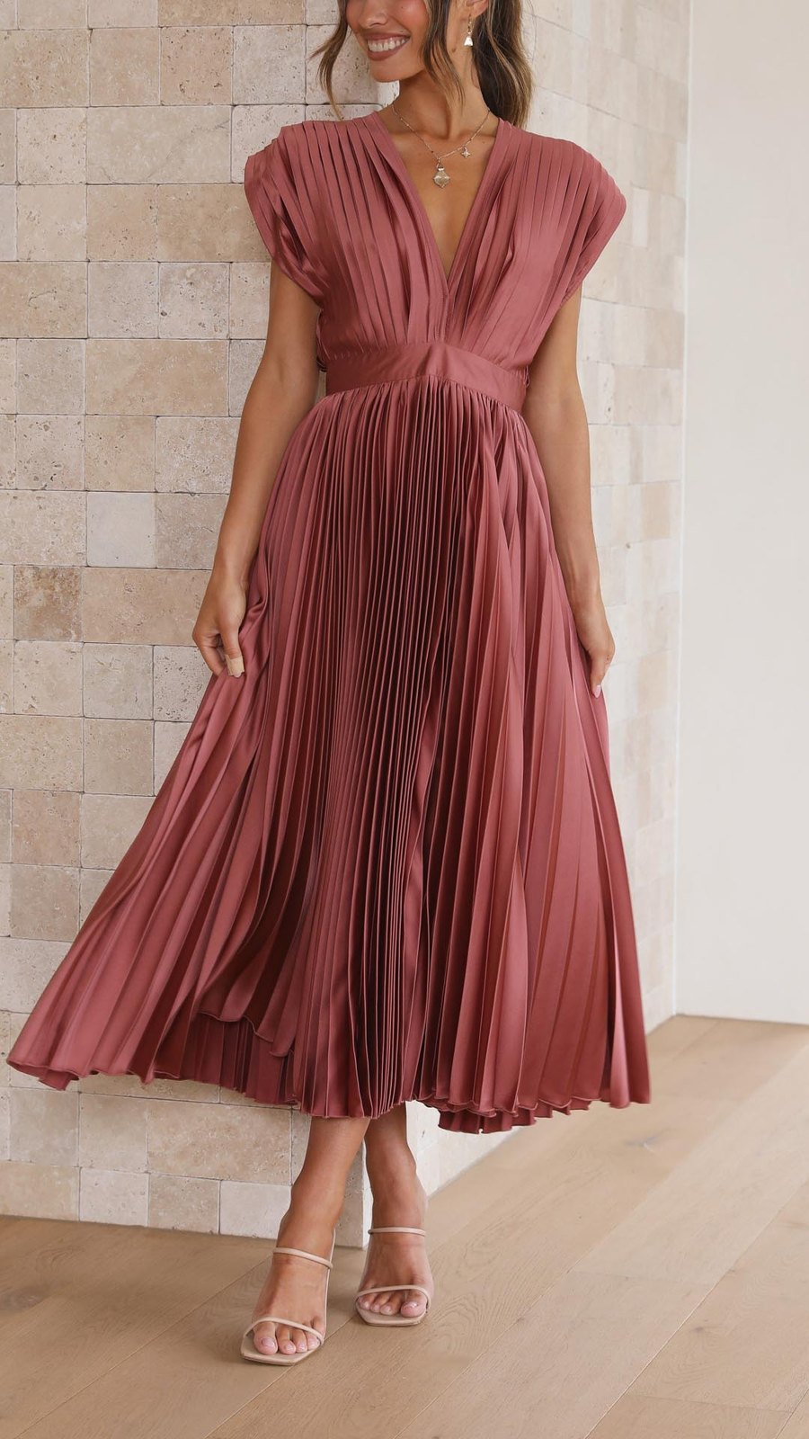 Elegant Fall Wedding Guest Dress for Women with V Neck Pleated Wedding Guest Style