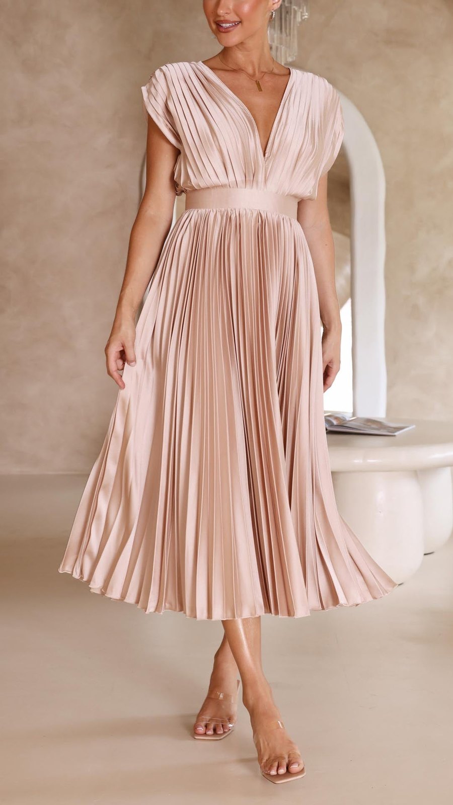 Elegant Fall Wedding Guest Dress for Women with V Neck Pleated Wedding Guest Style