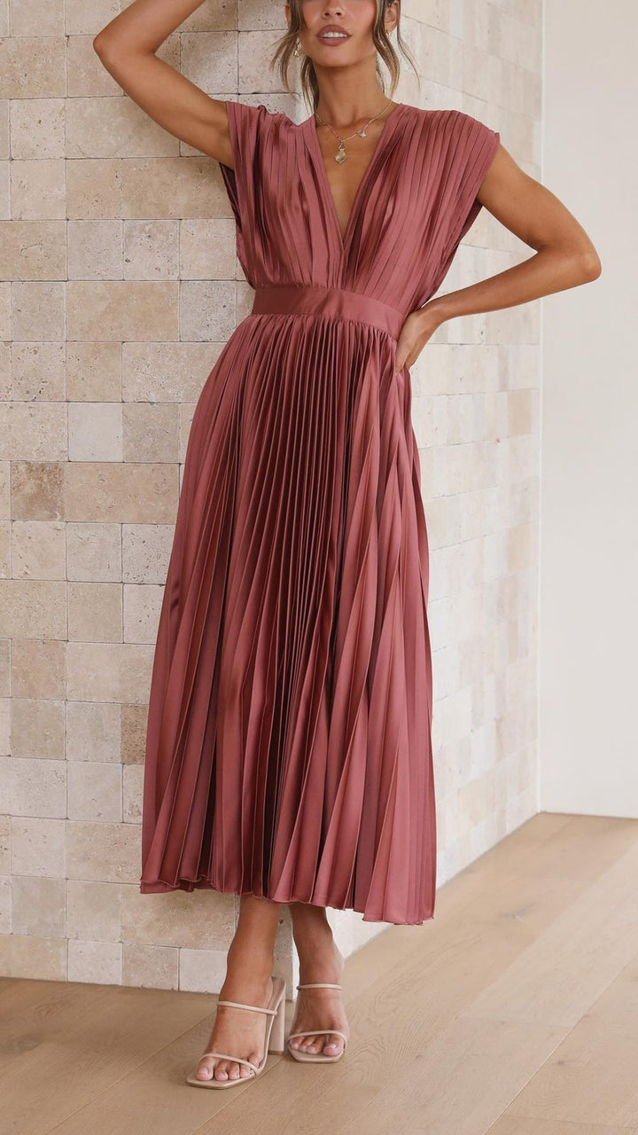 Elegant Fall Wedding Guest Dress for Women with V Neck Pleated Wedding Guest Style
