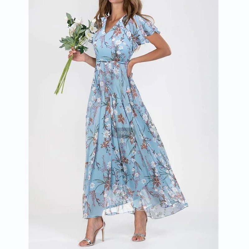 Elegant Floral A Line Dress for Women with V Neck Feminine Style