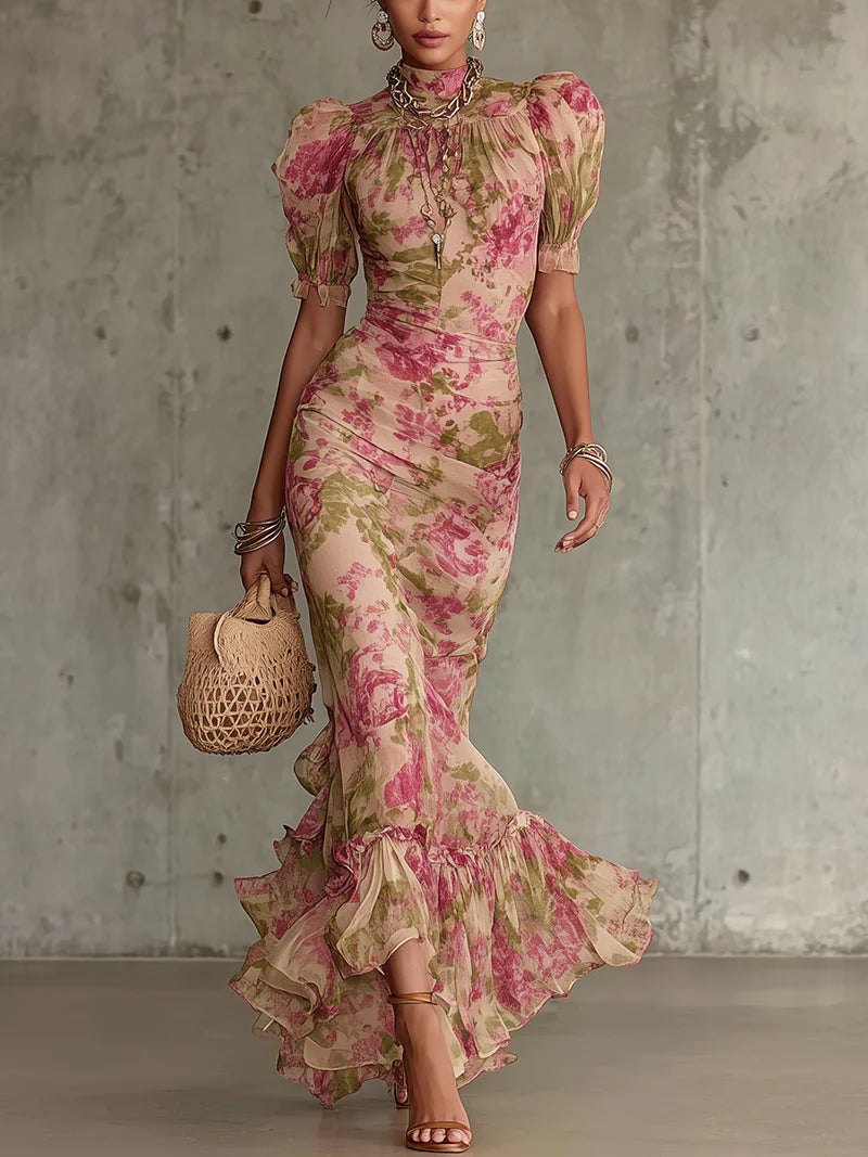 Elegant Floral Cocktail Dress for Women with Mock Neck Puff Sleeve Bodycon Cocktail Style