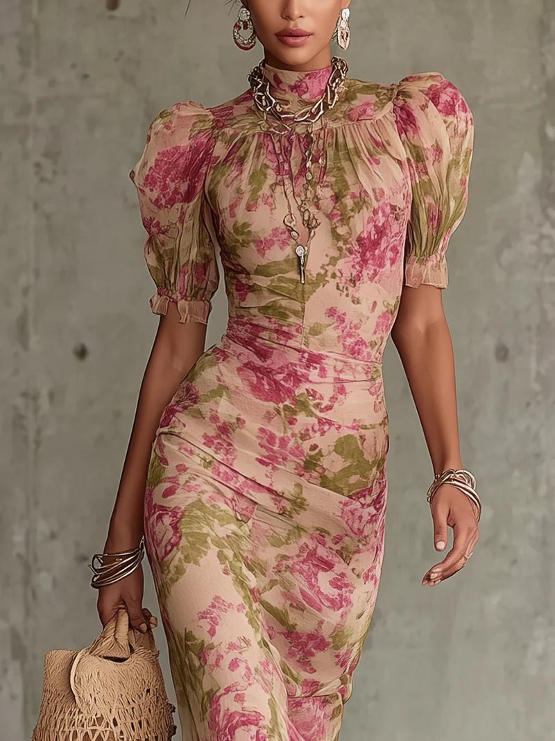 Elegant Floral Cocktail Dress for Women with Mock Neck Puff Sleeve Bodycon Cocktail Style
