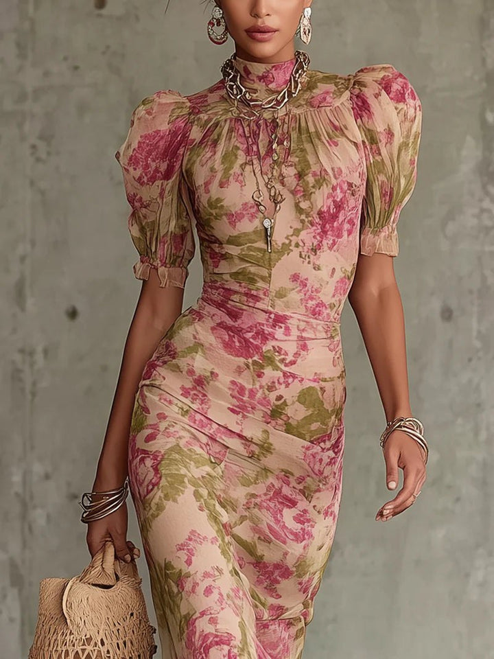 Elegant Floral Cocktail Dress for Women with Mock Neck Puff Sleeve Bodycon Cocktail Style