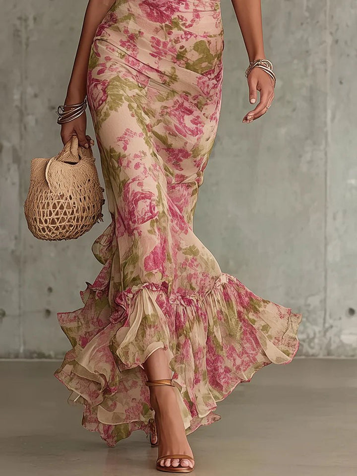 Elegant Floral Cocktail Dress for Women with Mock Neck Puff Sleeve Bodycon Cocktail Style