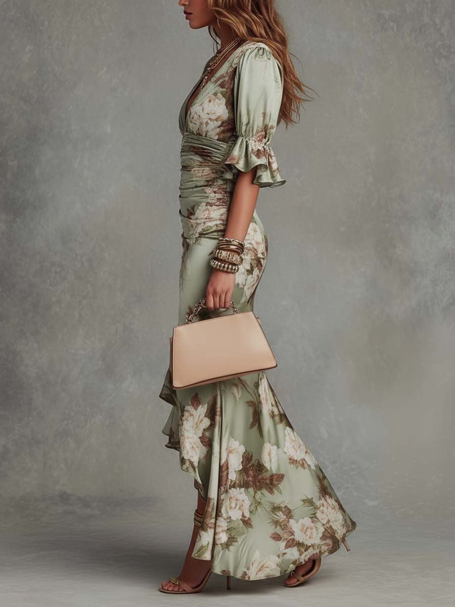 Elegant Floral Cocktail Dress for Women with V Neck Ruffle Trim Ruched Detail Cocktail Style