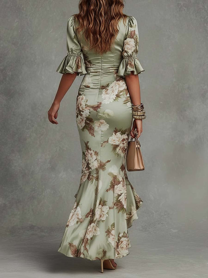Elegant Floral Cocktail Dress for Women with V Neck Ruffle Trim Ruched Detail Cocktail Style