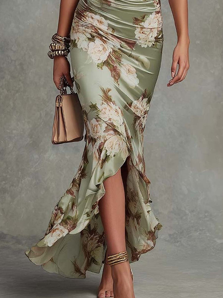 Elegant Floral Cocktail Dress for Women with V Neck Ruffle Trim Ruched Detail Cocktail Style