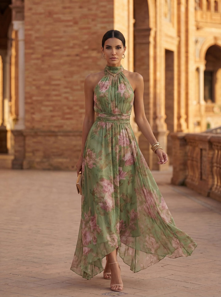 Elegant Floral Fall Wedding Guest Dress for Women with Halter Neck Wedding Guest Style