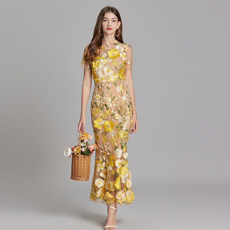 Elegant Floral Formal Dress for Women with High Neck Flared Embroidered Detail Formal Style