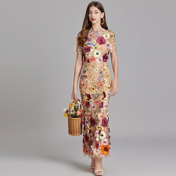 Elegant Floral Formal Dress for Women with High Neck Flared Embroidered Detail Formal Style