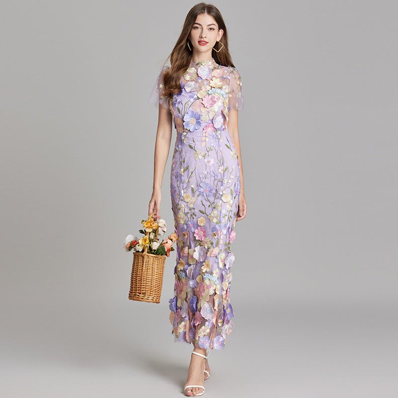 Elegant Floral Formal Dress for Women with High Neck Flared Embroidered Detail Formal Style