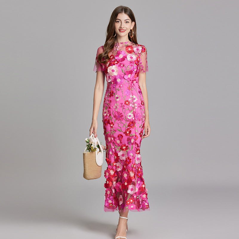 Elegant Floral Formal Dress for Women with High Neck Flared Embroidered Detail Formal Style