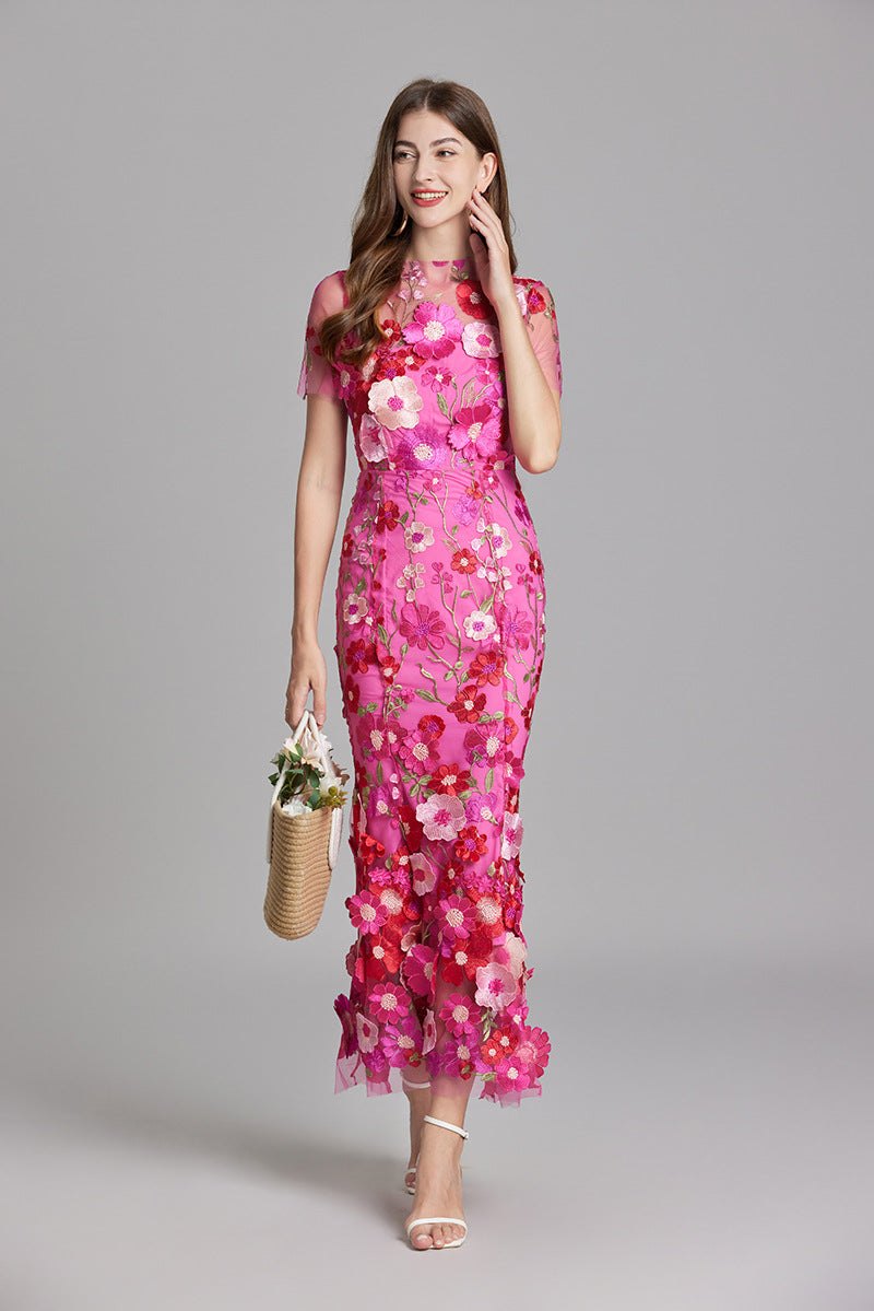 Elegant Floral Formal Dress for Women with High Neck Flared Embroidered Detail Formal Style