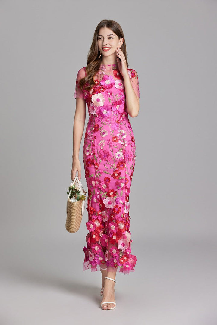 Elegant Floral Formal Dress for Women with High Neck Flared Embroidered Detail Formal Style