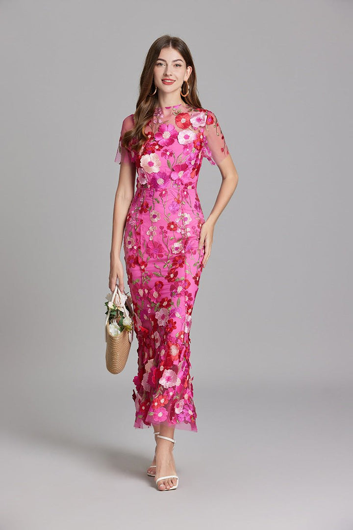 Elegant Floral Formal Dress for Women with High Neck Flared Embroidered Detail Formal Style