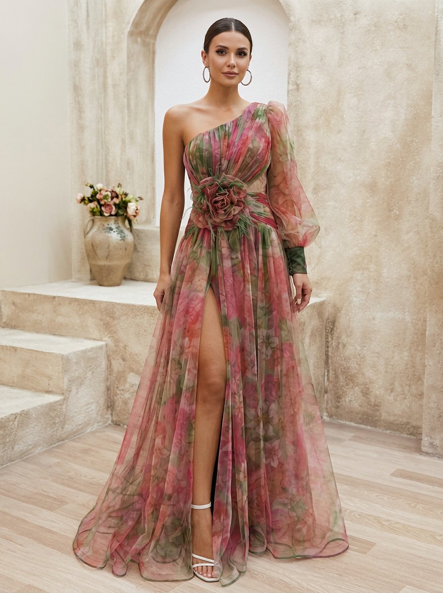Elegant Floral Formal Dress for Women with Side Slit Formal Style