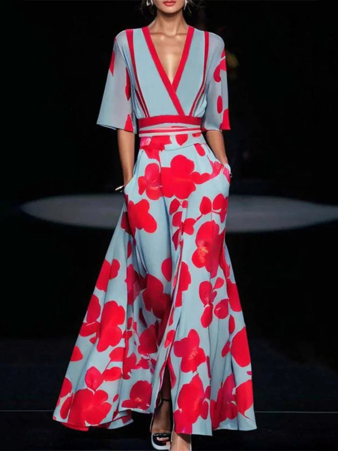 Elegant Floral Mother of the Bride Dress for Women with Bell Sleeve Flared Side Pockets Occasion Style