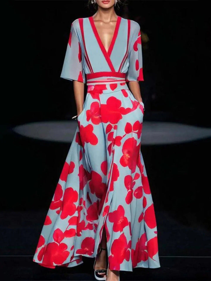Elegant Floral Mother of the Bride Dress for Women with Bell Sleeve Flared Side Pockets Occasion Style