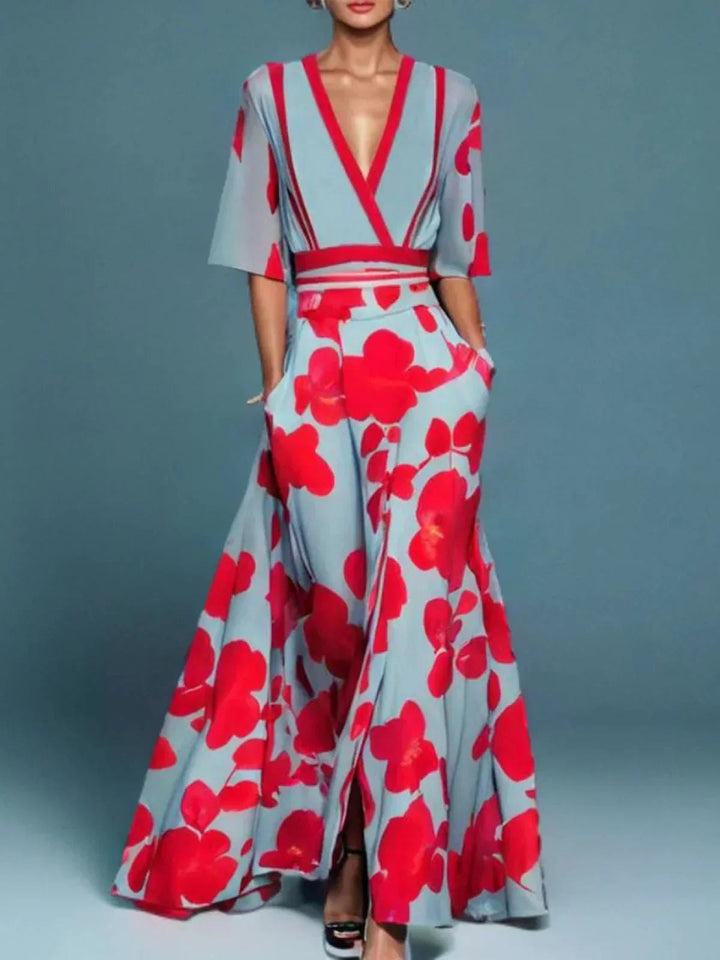 Elegant Floral Mother of the Bride Dress for Women with Bell Sleeve Flared Side Pockets Occasion Style