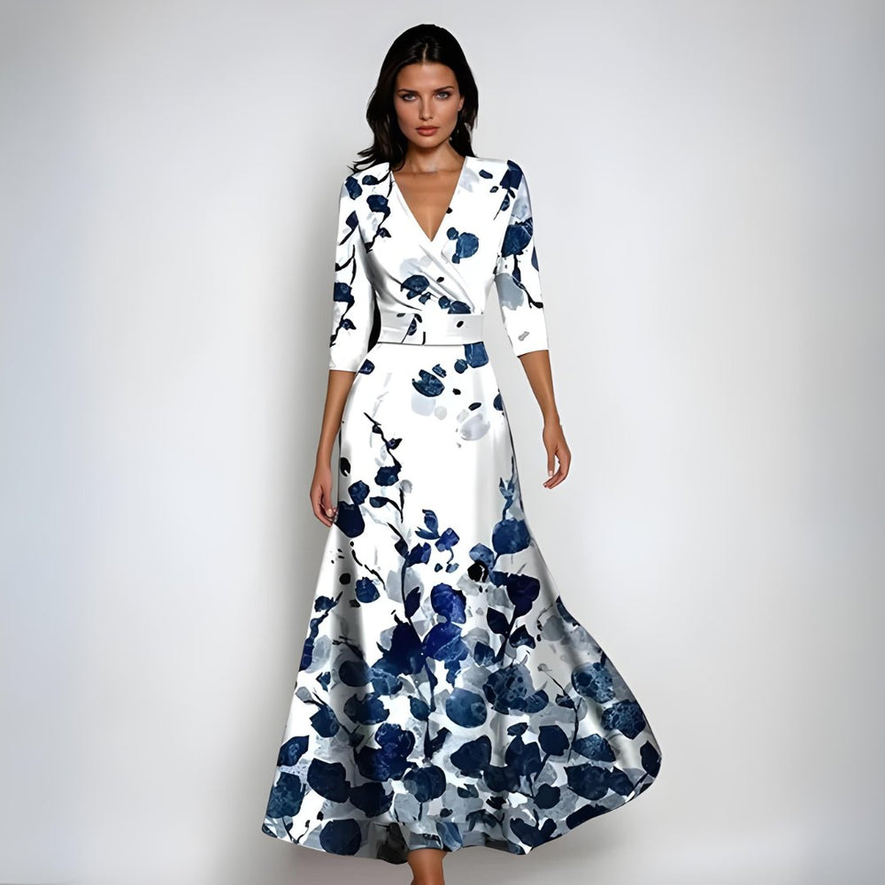 Elegant Floral Mother of the Bride Dress for Women with V Neck Three Quarter Sleeve A Line Occasion Style
